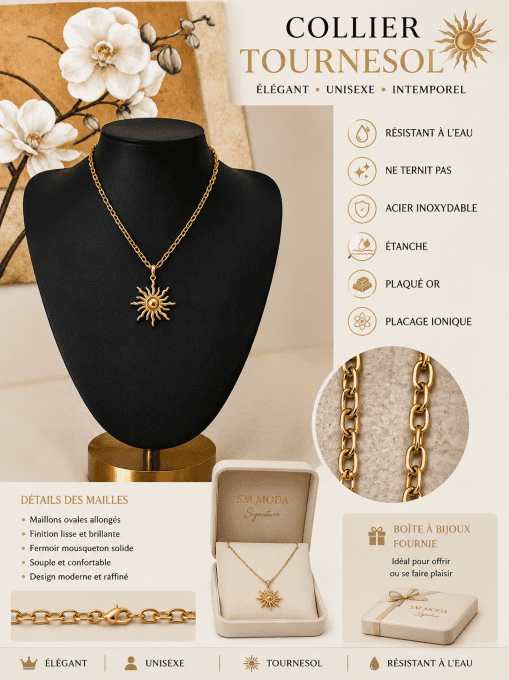 Collier Tournesol Chaîne Figaro Plaquée Or – Acier Inoxydable Étanche