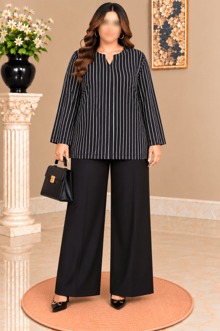 Tunique femme chic rayée noir et argenté à manches longues