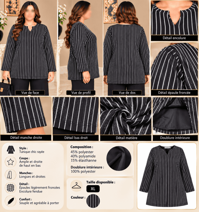 Tunique femme chic rayée noir et argenté à manches longues