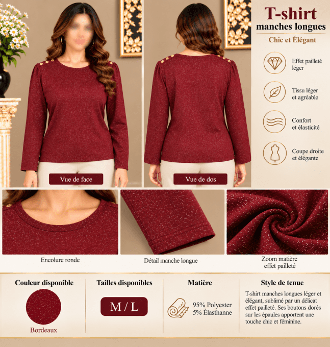 T-shirt manches longues chic à effet pailleté