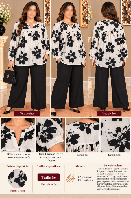 Tunique femme grande taille imprimé floral noir et blanc – Coupe ample