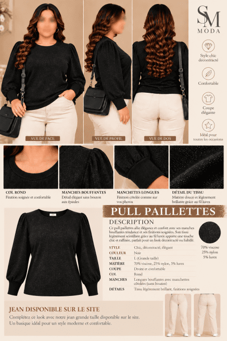 Pull paillettes noir grande taille femme