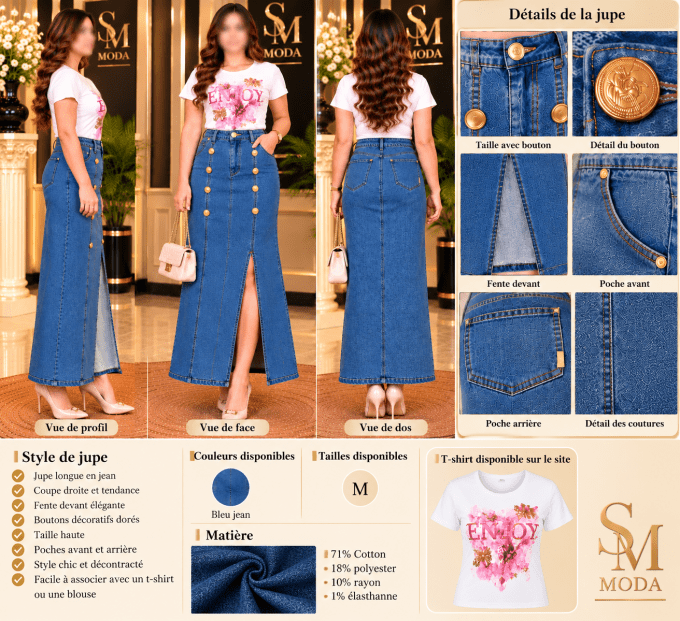 Jupe longue en jean femme bleu avec boutons dorés