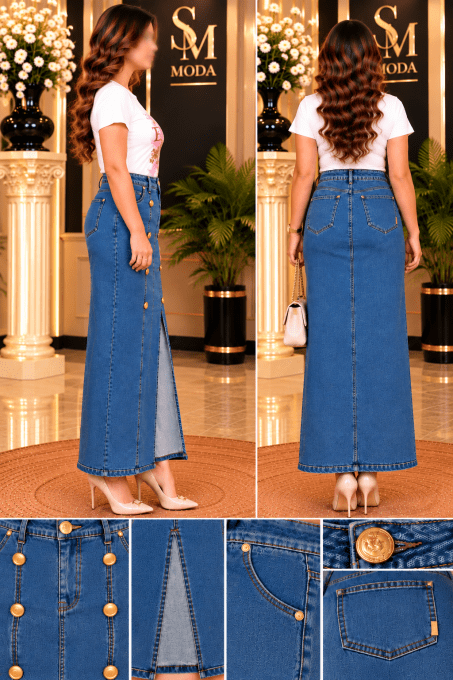 Jupe longue en jean femme bleu avec boutons dorés