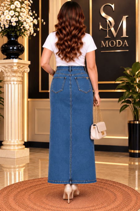 Jupe longue en jean femme bleu avec boutons dorés