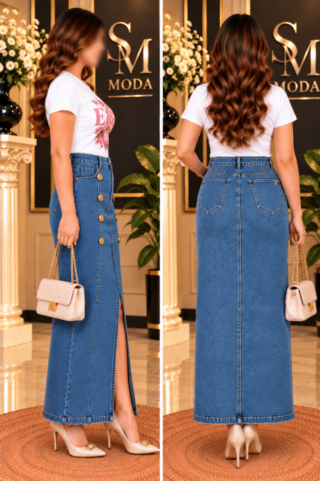 Jupe longue en jean femme bleu avec boutons dorés