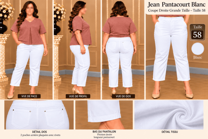 Jean Pantacourt Blanc Coupe Droite Grande Taille