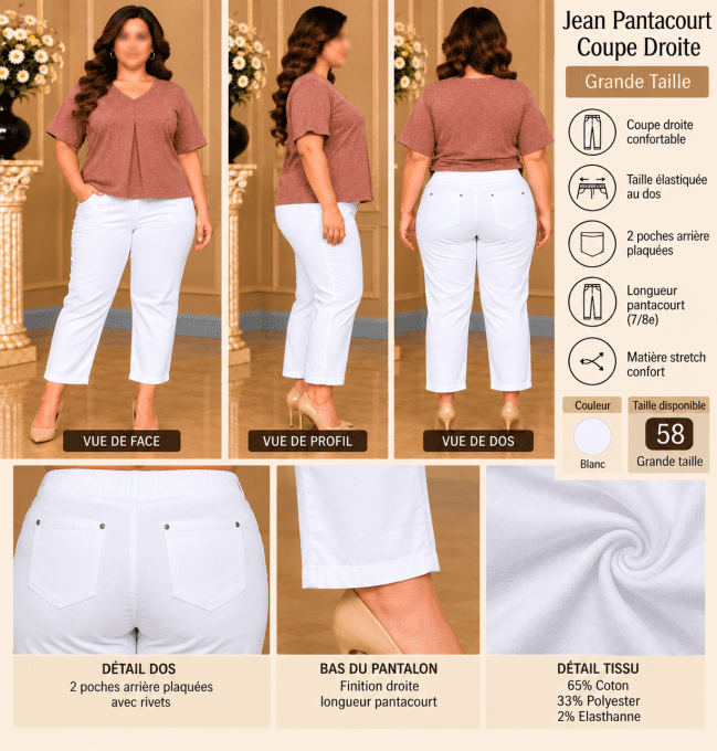 Jean Pantacourt Blanc Coupe Droite Grande Taille