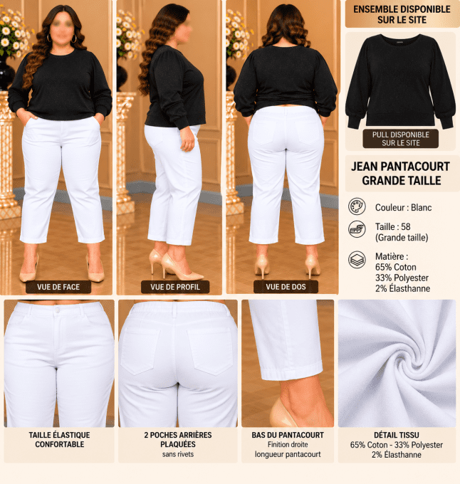 Jean pantacourt blanc grande taille femme