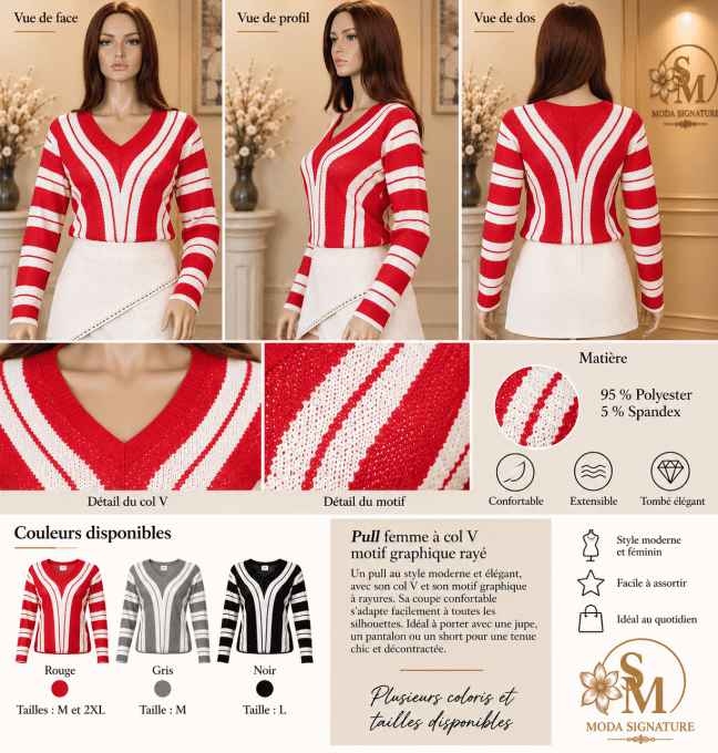 Pull Femme Col V à Motif Graphique Rayé