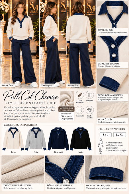 Pull Femme Col Chemise en Jean 