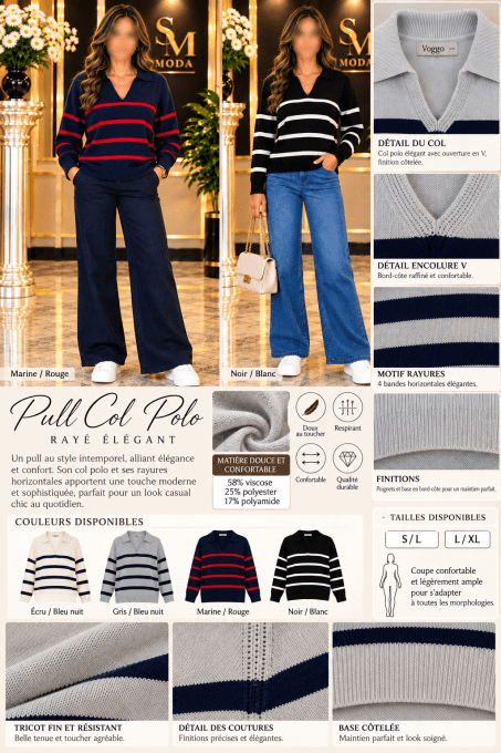 Pull femme col polo rayé chic