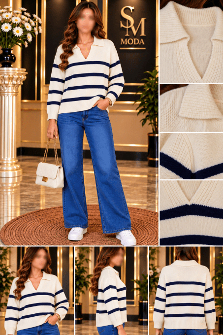 Pull femme col polo rayé chic